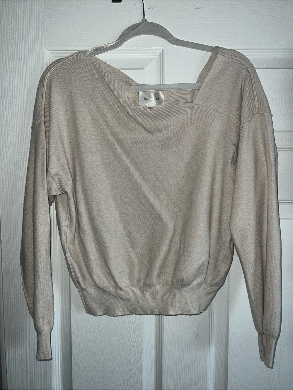 Line & Dot Off-the-Shoulder Sweater in Light Beige